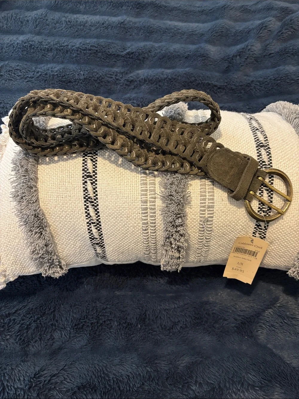 Coldwater Creek Olive Braided Suede Belt with Round Brass Buckle